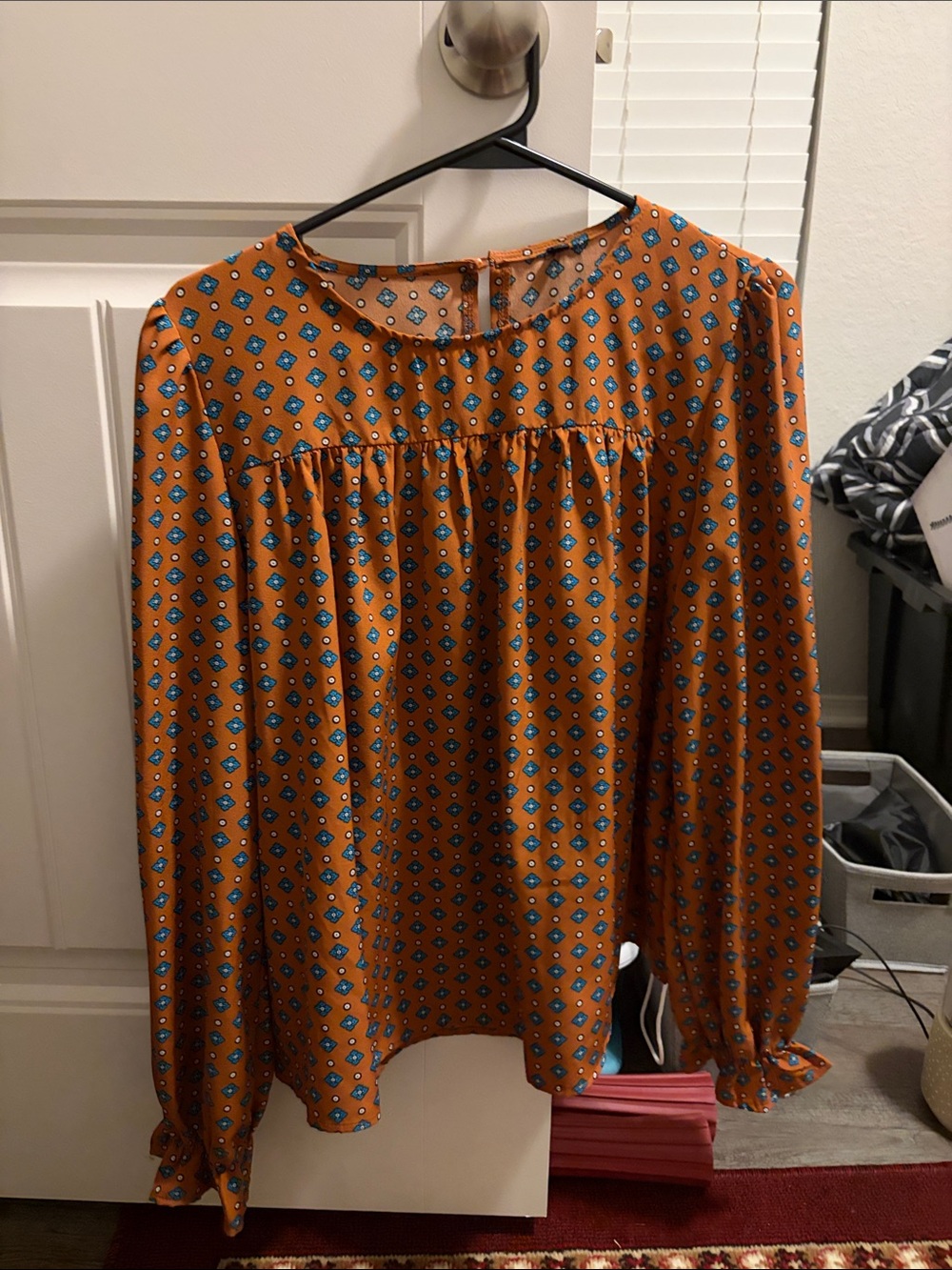 Womens Long-Sleeve Gathered Yoke Blouse - Rust with Blue Print